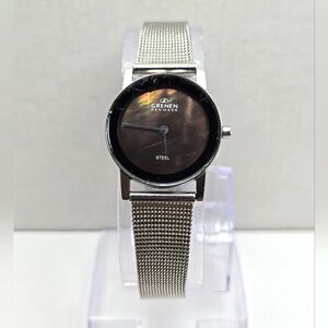 Grenen Denmark Womens Silver Mesh Watch Black Mother Of Pearl Dial New Battery